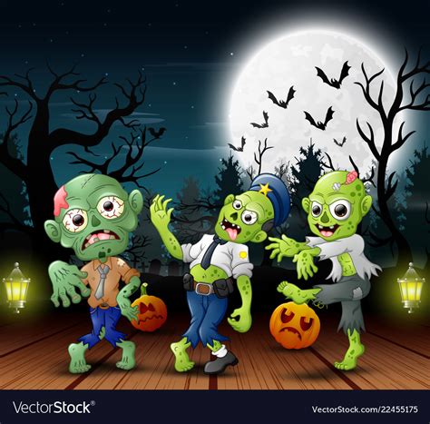 Cartoon of three zombie with fill moon background Vector Image