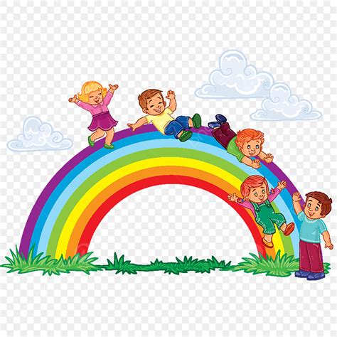 Sorglose Kleine Kinder Rutschen Den Regenbogen Hinunter, Niedlich, Hintergrund, Karikatur PNG ...