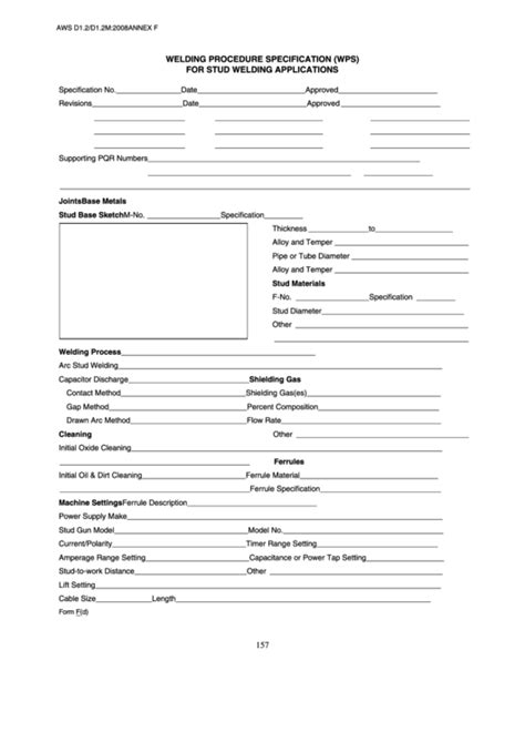 Fillable Form F(D) - Welding Procedure Specification (Wps) For Stud ...