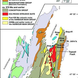 Simplified geology map of the Avalon Peninsula (modified from King,... | Download Scientific Diagram