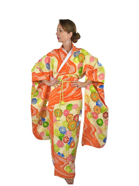 High Class Furisode Kimono orange with colorful flowers / cleaned ...