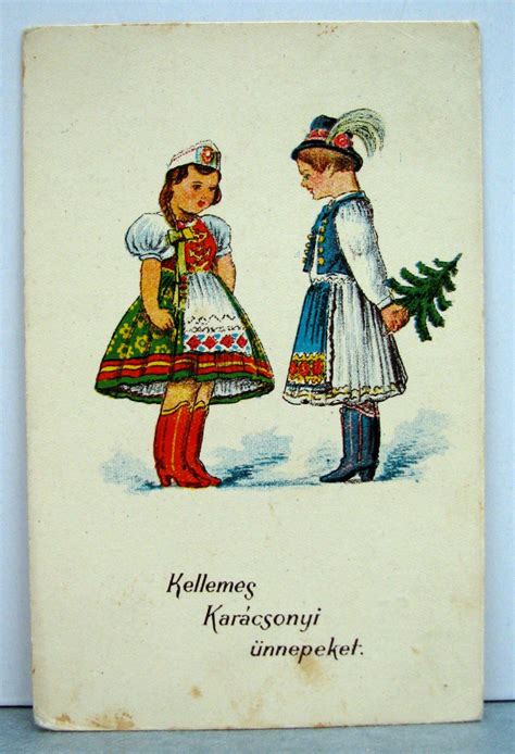 RARE Hungarian CHRISTMAS POSTCARD village girl boy in folk dress date 1939 Pomáz | Cute easy ...