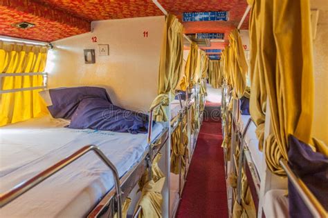 BHOPAL, INDIA - FEBRUARY 5, 2017: Interior of a Sleeper Bus in Ind ...