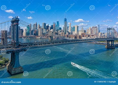 Aerial View of NYC Downtown and Manhattan Bridge Stock Photo - Image of ...