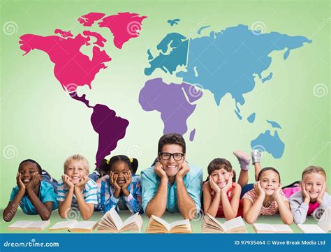 Multicultural Kids Reading in Front of Colorful World Map with Teacher ...