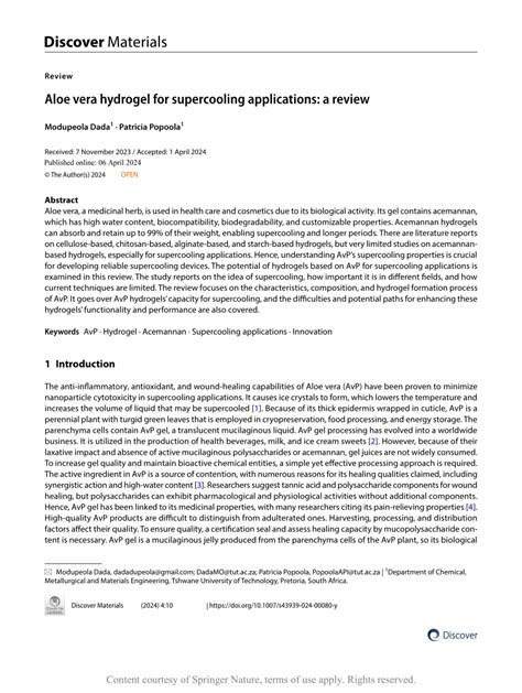 (PDF) Aloe vera hydrogel for supercooling applications: a review