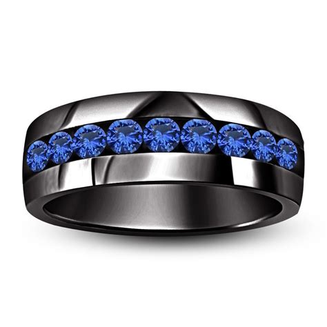 1 CT BLUE SAPPHIRE FULL BLACK GP 925 SILVER WEDDING & ANNIVERSARY MENS ...