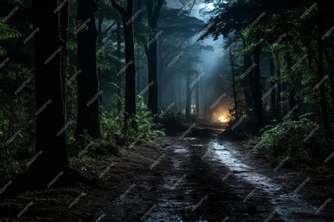 Premium AI Image | a dark road in the middle of a forest at night