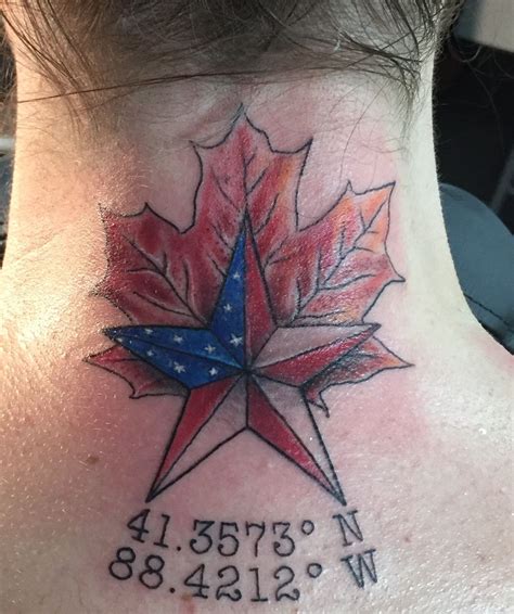 Canadian Flag & American Flag Fusion with Coordinates Tattoo Man ...