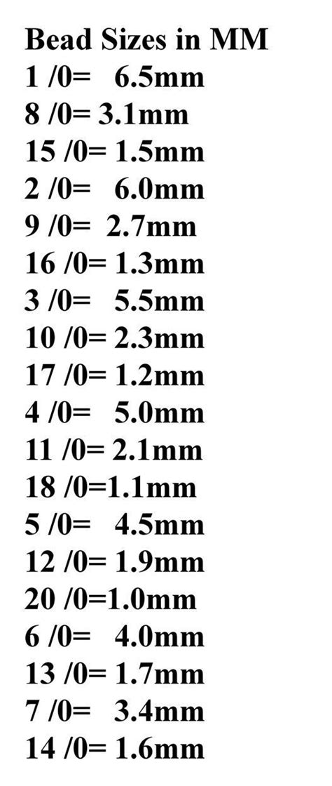 Shows the Seed Bead sizes with conversion to mm. I realize there are variations depending on the ...