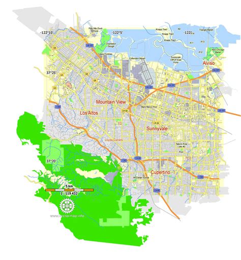 Mountain View, California, Free Printable Map in Adobe Illustrator and PDF. Level 12 (5000 meter ...