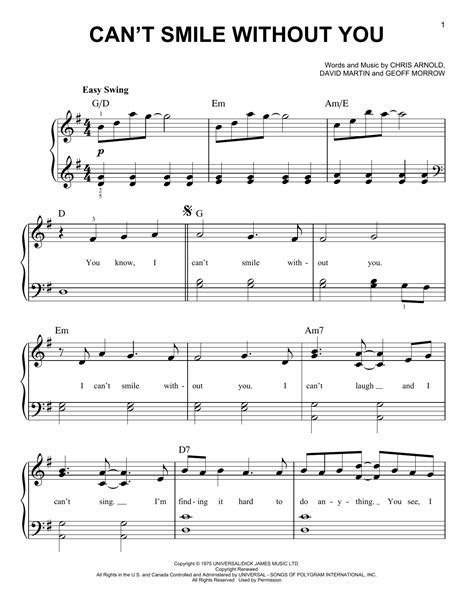 Can't Smile Without You by Barry Manilow Sheet Music for Easy Piano at Sheet Music Direct