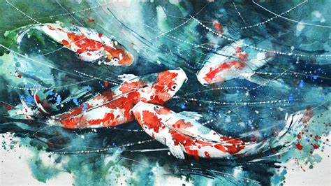 Red koi fish painting, koi, painting, watercolor, fish HD wallpaper ...