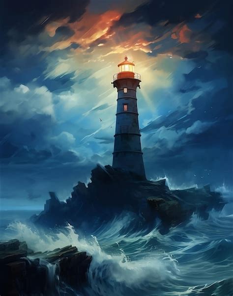 Premium AI Image | Lighthouse in stormy ocean digital illustration Sea storm