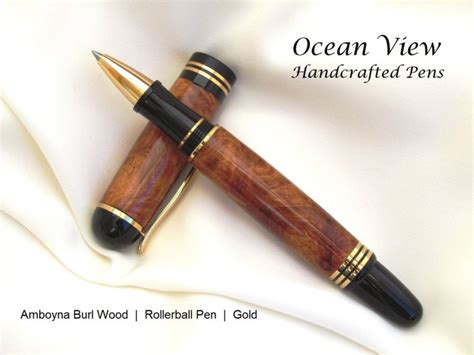 Handcrafted Amboyna Burl Wood Rollerball Pen in Gold - Ocean View Handcrafted PensOcean View ...