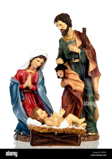 Scene of the nativity: Mary, Joseph and the Baby Jesus isolated on a white background Stock ...