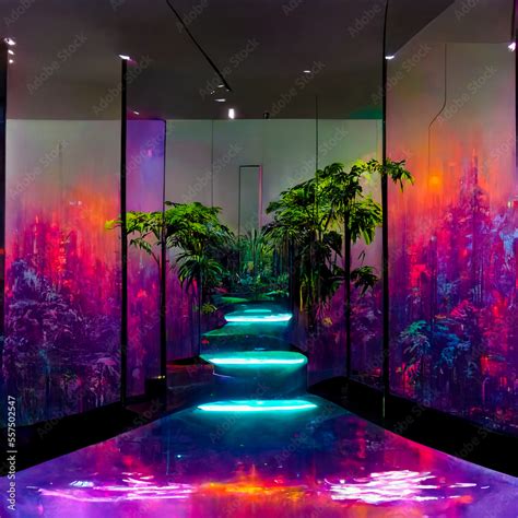 vaporwave paradise penthouse jungle zen garden interior glass ...