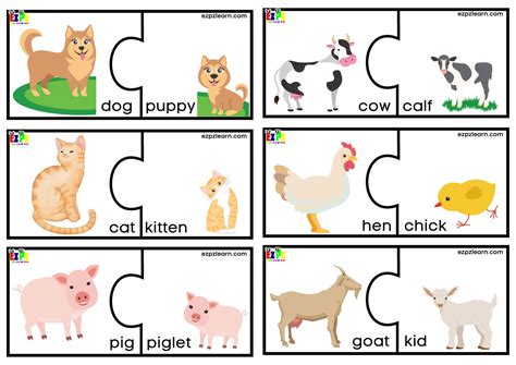 Animals and Their Young Puzzle Match Game 1 For Preschool, Kindergarten and English Language ...