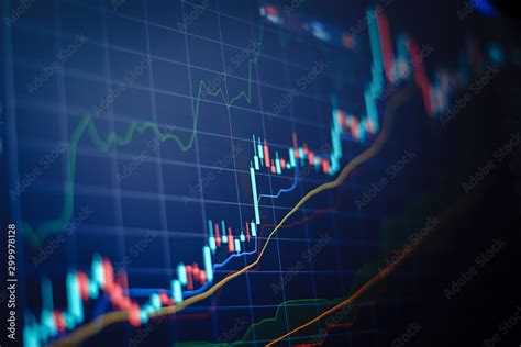 Closeup financial chart with uptrend line candlestick graph in stock ...