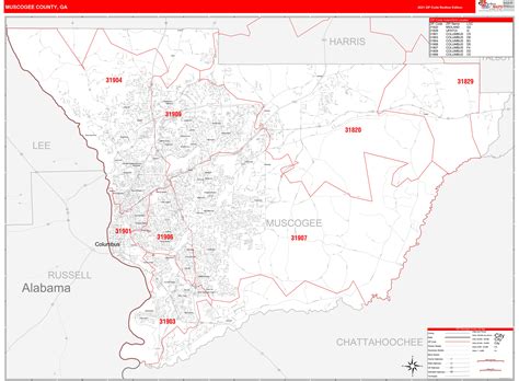 Muscogee County, GA Zip Code Wall Map Red Line Style by MarketMAPS ...