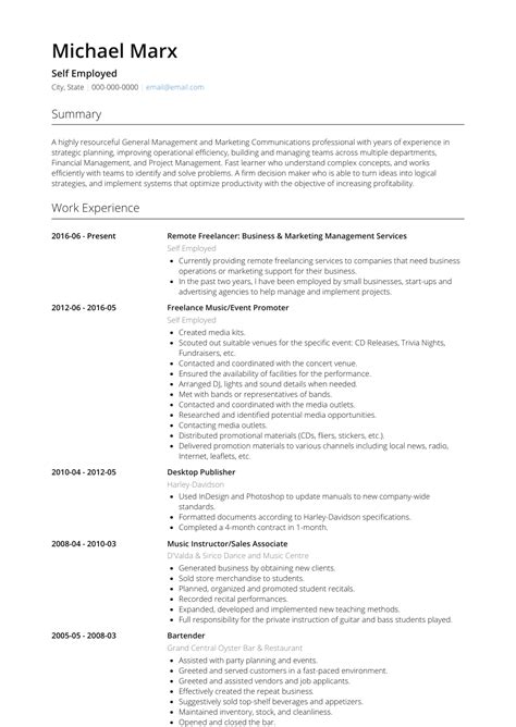 Self Employed - Resume Samples and Templates | VisualCV