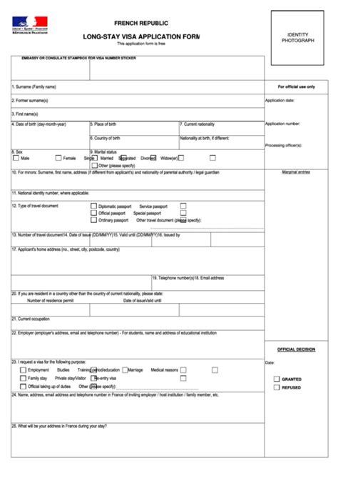 Fillable French Republoc-Long-Stay Visa Application Form printable pdf download