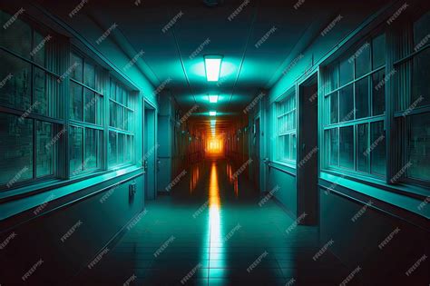 Premium Photo | Night hospital corridor with lights and windows