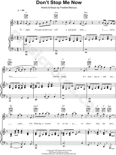 Queen "Don't Stop Me Now" Sheet Music in F Major (transposable) - Download & Print - SKU: MN0058992