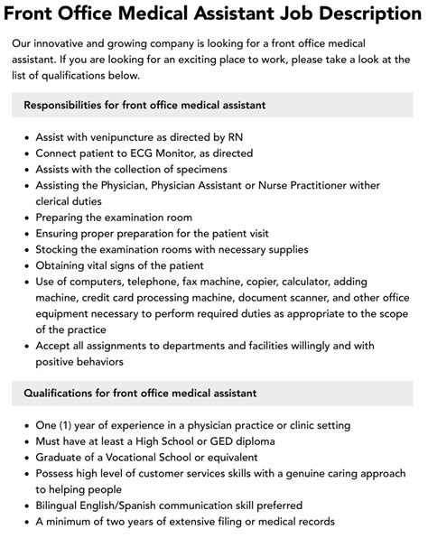 Front Office Medical Assistant Job Description | Velvet Jobs