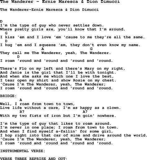 Song The Wanderer by Ernie Maresca & Dion Dimucci, song lyric for vocal ...