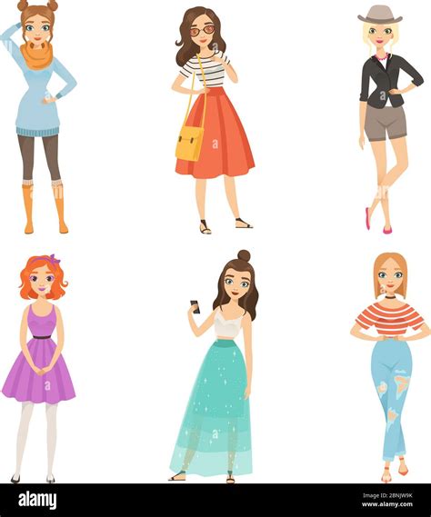 Fashionable girls. Cartoon female characters in various fashion poses ...