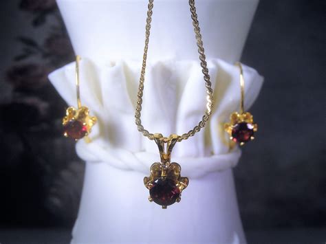 Garnet Jewelry Set, Genuine Garnet Set, Gold Plated Jewelry Set, Buttercup Belcher Settings ...