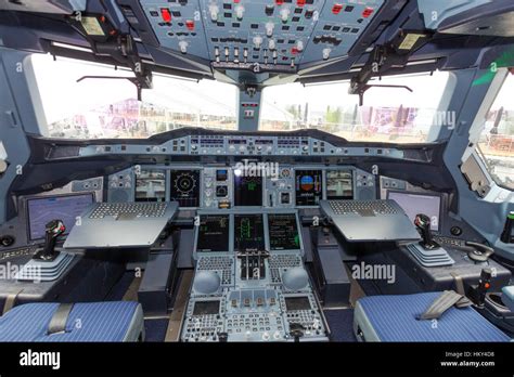 PARIS - JUN 18, 2015: Airbus A380 cockpit. The A380 is the largest ...