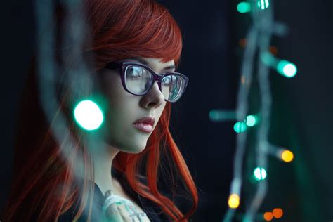 Download Glasses Light Red Hair Model Woman Face 4k Ultra HD Wallpaper by Evgeniy Bulatov