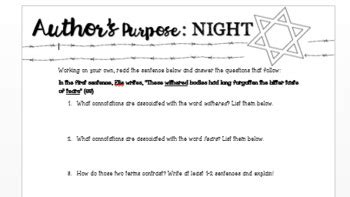 Night Author's Purpose Analysis by English Corner | TpT