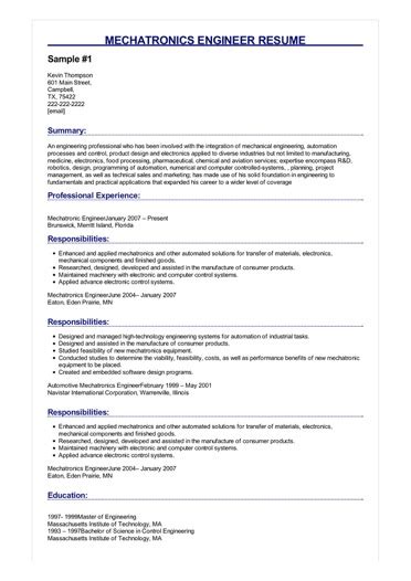 Mechatronics Engineer Resume | Great Sample Resume