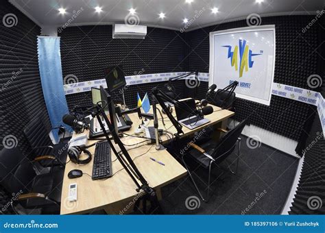 Radio Studio with Equipment Set for Broadcasting, Microphones, Laptops ...