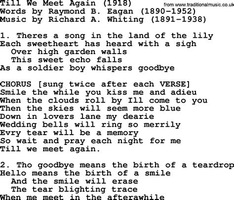 World War One(WW1)Era Song Lyrics for: Till We Meet Again 1918