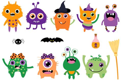 Cute Halloween monsters clip art set, Silly ugly aliens clipart By ...