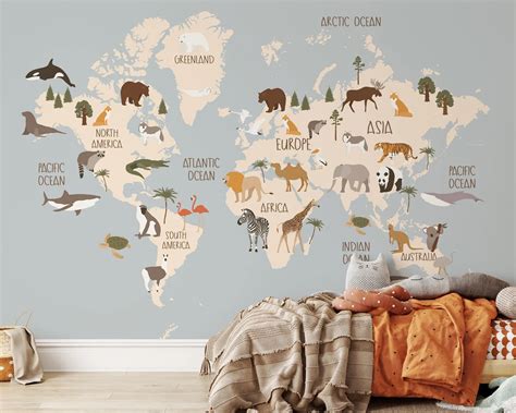 Kids World Map Digital Nursery Art Map of the World Animals - Etsy