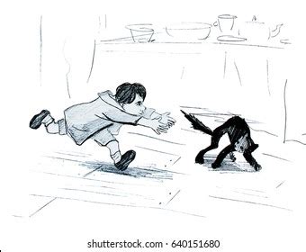 Boy Chasing Cat Hand Drawing Illustration Stock Illustration 640151680 ...