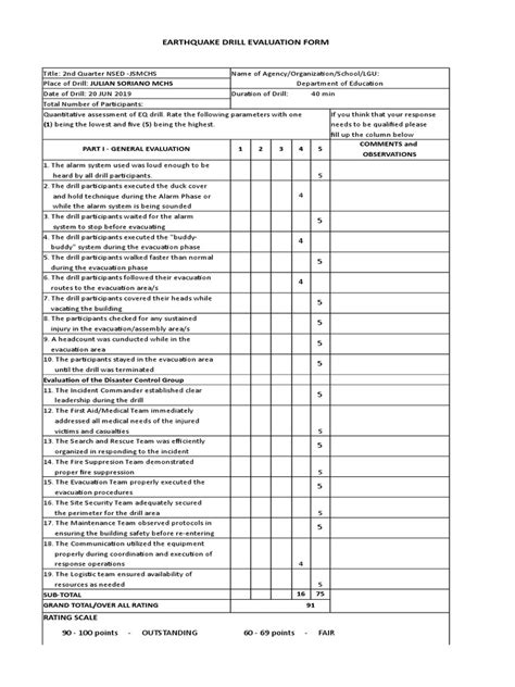 Earthquake Drill Evaluation Form | PDF | Public Safety | Emergency Management