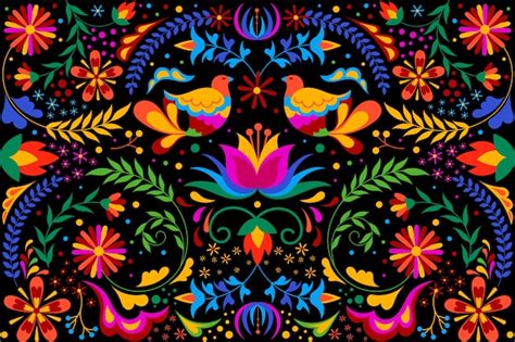 Colorido fondo mexicano con flores y pájaros | Vector Premium