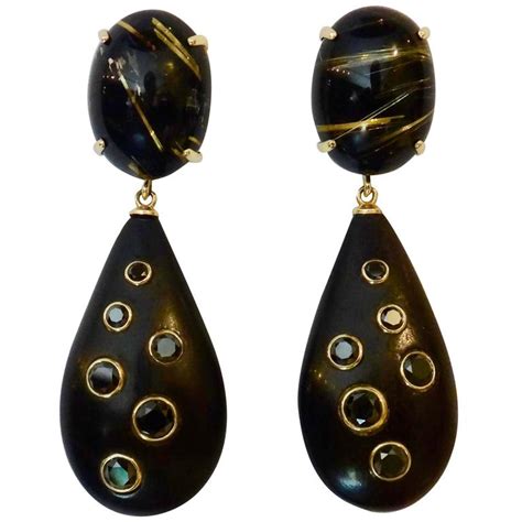 Rutilated Quartz Ebony Black Diamond Gold Dangle Earrings For Sale at 1stdibs