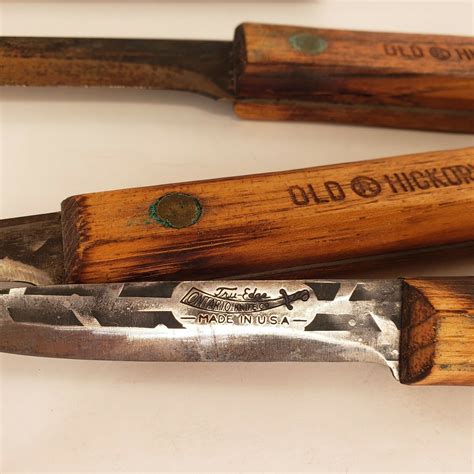 Vintage Old Hickory Carbon Steel Set 3 Knives With Board And Box - Kitchen & Steak Knives