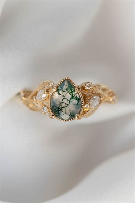 Pear moss agate engagement ring with diamonds, gold leaf branch ...