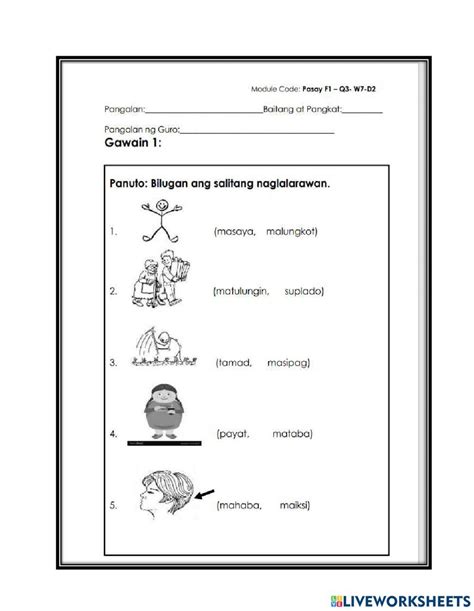 Salitang naglalarawan worksheet | Worksheets, Formative assessment ...