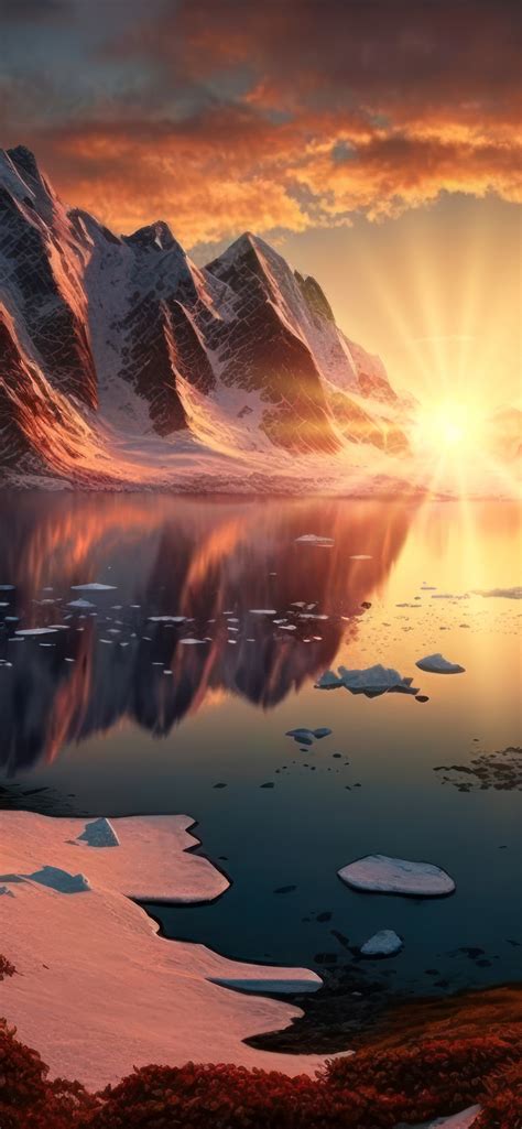 Sunset Wallpaper 4K, Arctic, Mountains, Lake, AI art