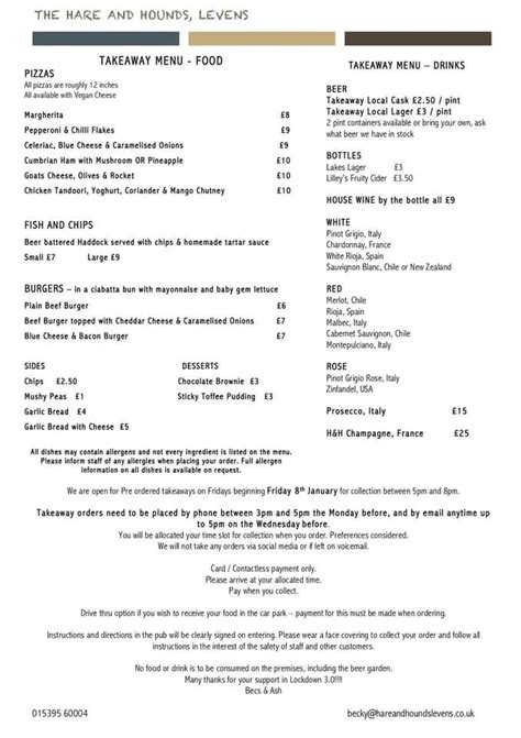 Menu at Hare &Hounds pub & bar, Levens