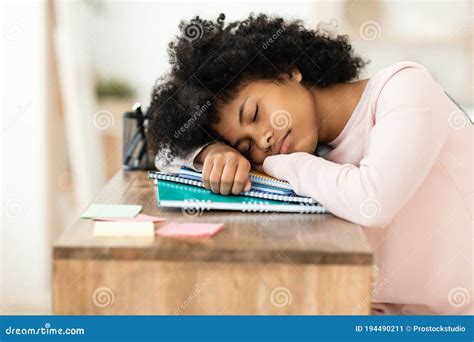 Teen Girl Sleeping during Class Resting Head on Books Indoors Stock Image - Image of black ...